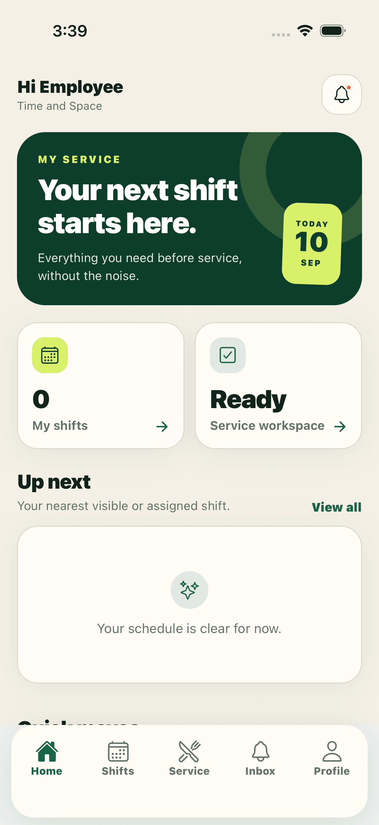 ShiftChef team member home showing the next service, schedule actions, and personal work shortcuts.