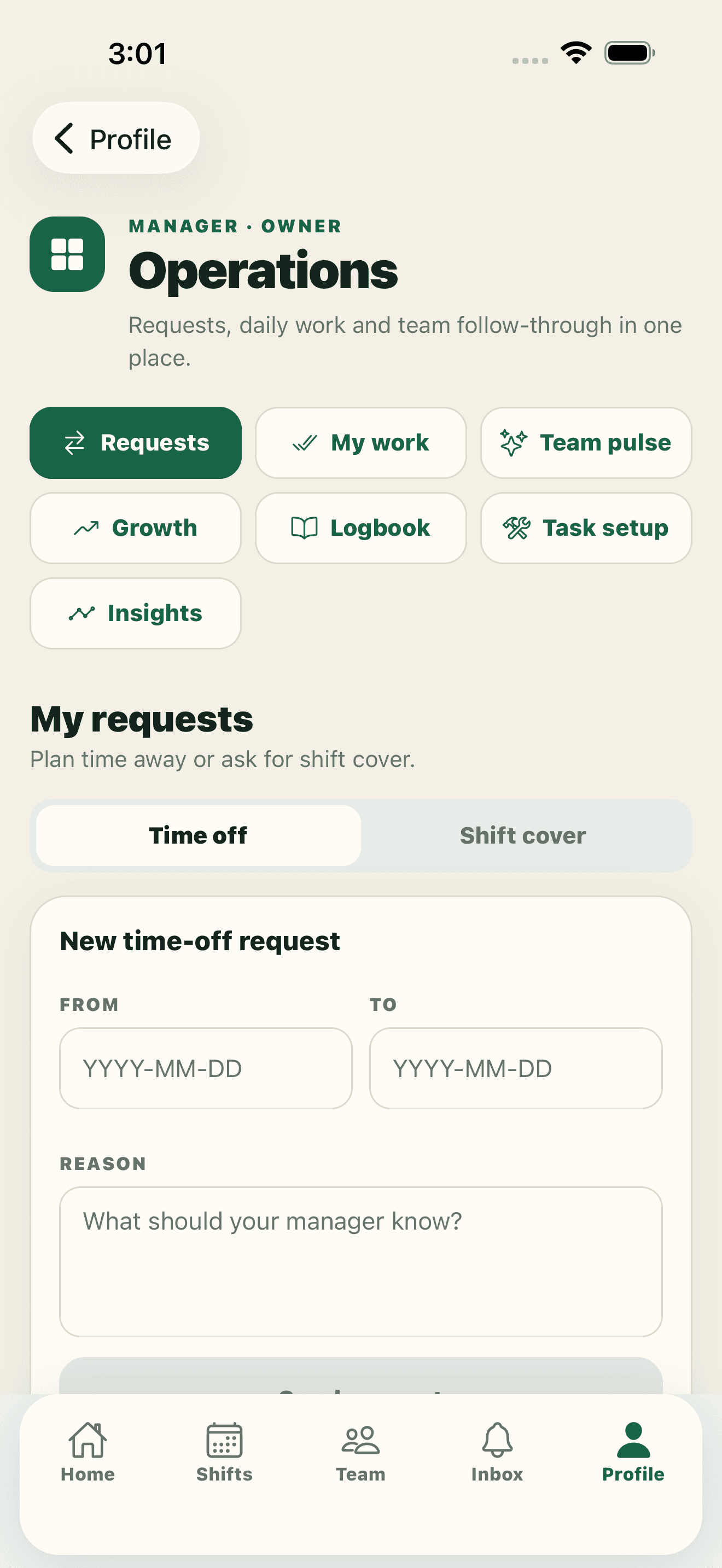 ShiftChef manager operations screen with daily tasks and service follow-up tools.
