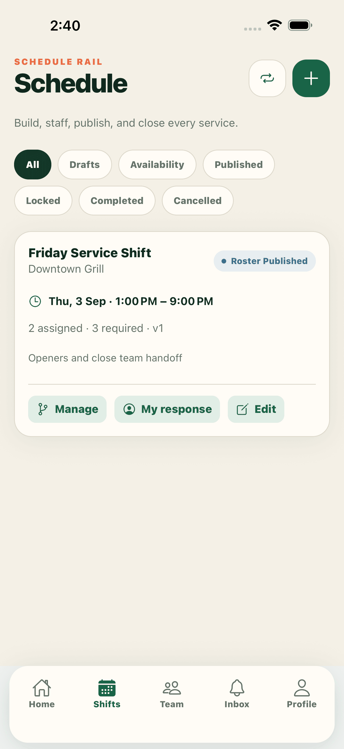 ShiftChef manager schedule showing upcoming services and roster planning context.